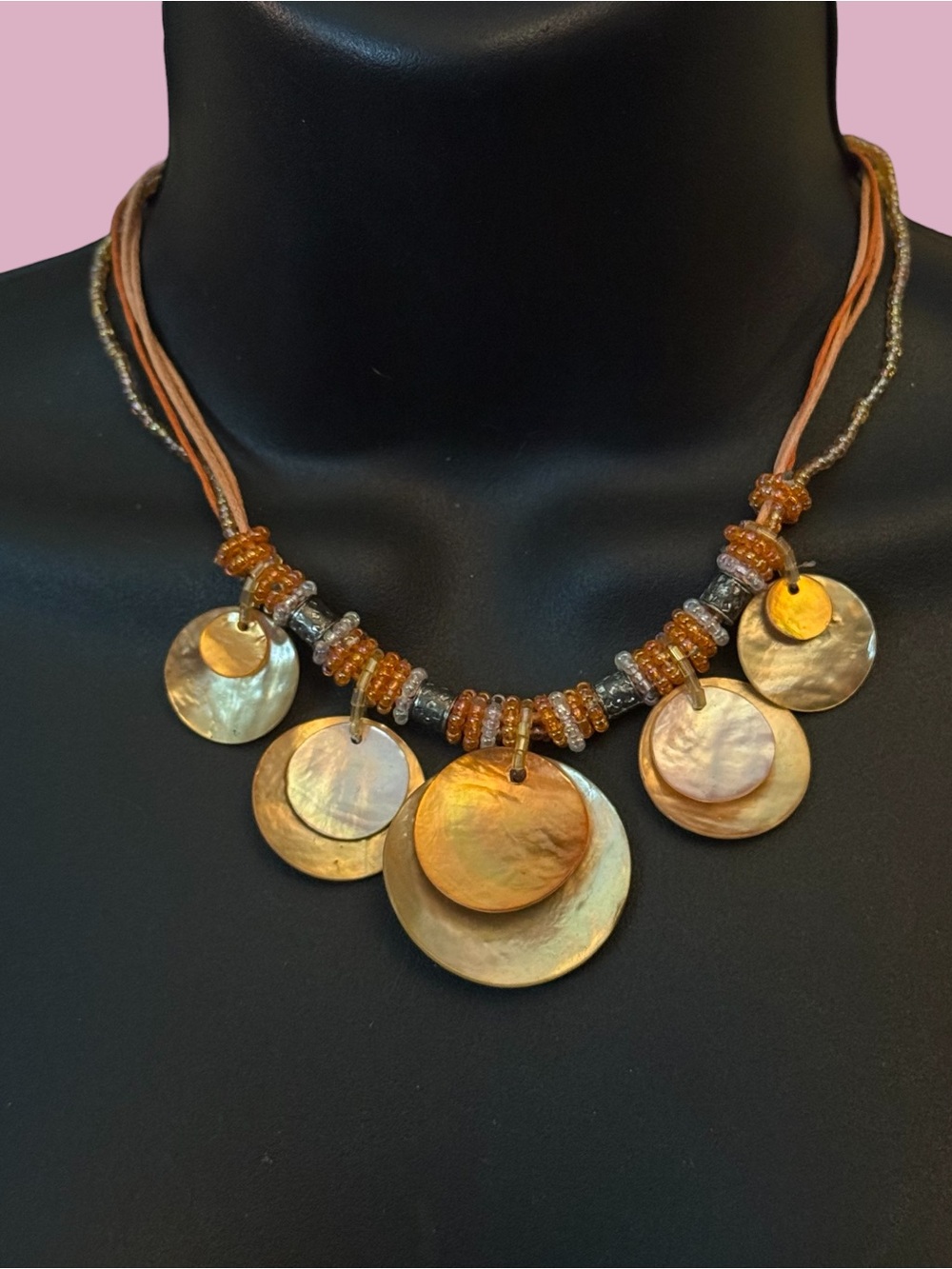 You & I bohemian mother of pearl discs statement necklace